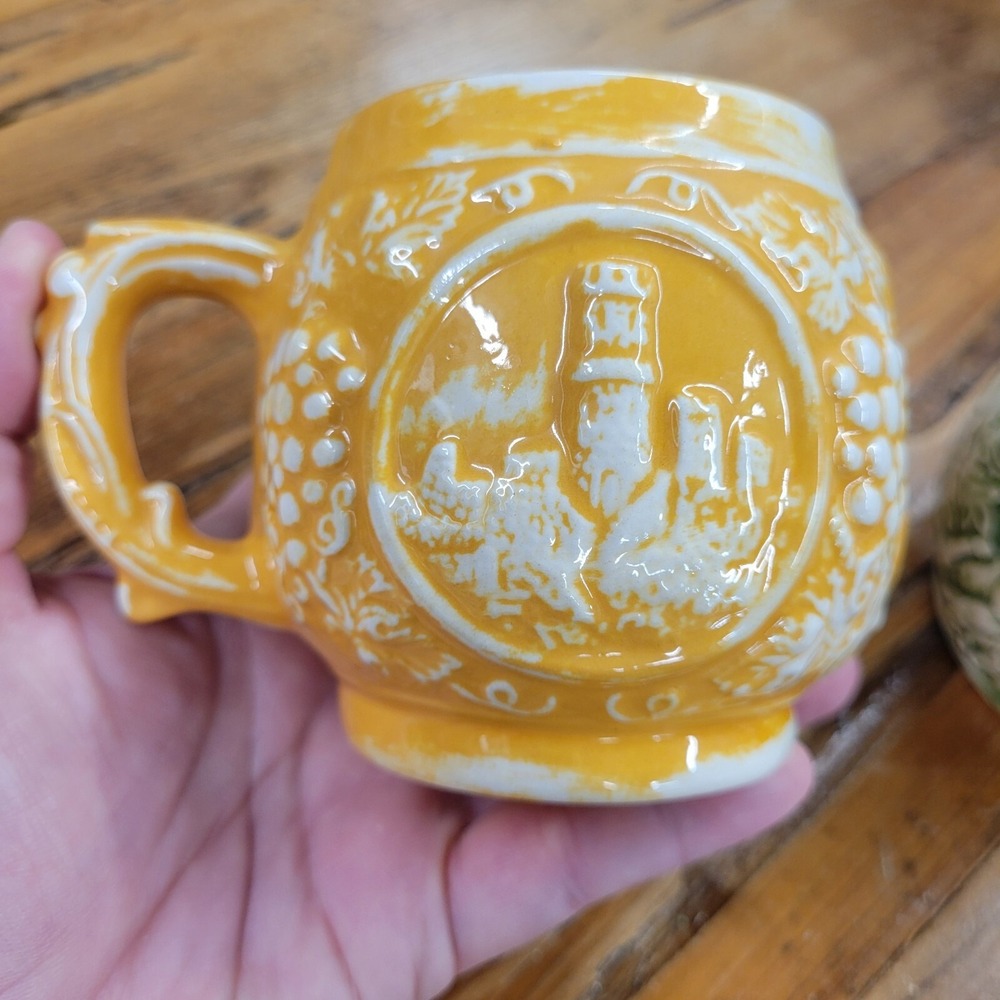 Set of 2 Vintage Mugs Green & Yellow Glazed Unique Relief Cups Signed 1970s - Picture 2 of 14
